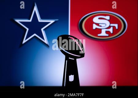 SAN FRANCISCO, États-Unis, 18 JANVIER 2023 : Dallas Cowboys contre San Francisco 49ers. NFL Divisional Round 2023, Silhouette of Vince Lombardi Trophée for the W Banque D'Images