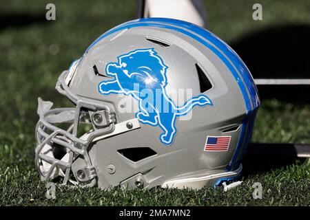 The throwback logo of the New England Patriots is seen on a helmet during  an NFL football game against the Detroit Lions at Gillette Stadium, Sunday,  Oct. 9, 2022 in Foxborough, Mass. (Winslow Townson/AP Images for Panini  Stock Photo - Alamy