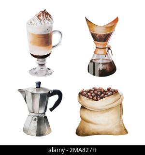 Jeu d'illustrations aquarelles pour préparer le café. Comprend une cafetière geyser et un chemex, un sac à café jute et un latte dans une tasse de verre. Peinture à la main sur un blanc Banque D'Images