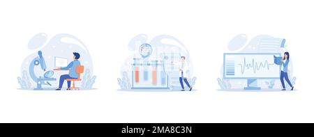 Recherche médicale. Services de diagnostic de laboratoire, métaphore de la conception de dispositifs médicaux. Scientifiques dans les laboratoires de clinique hémitique, micro Illustration de Vecteur