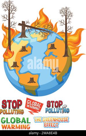 Globe en feu avec bannière de réchauffement planétaire d'arbre sec Illustration de Vecteur