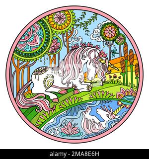 licorne stylisée dessinée à la main sur la rive de la rivière avec illustration vectorielle de fleurs magiques. Cheval magique en forme de zentangle. Forme ronde avec motif en dentelle. Illustration de Vecteur