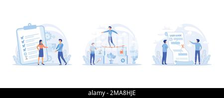 Expérience client, livraison de projet, tests bêta, guide de l'utilisateur. Développement de logiciels, lancement de nouveaux produits, assistance technique, vecteur plat moderne Illustration de Vecteur