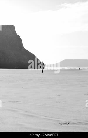 Photo monochrome verticale d'un surfeur marchant le long d'une côte sablonneuse avec une planche Banque D'Images