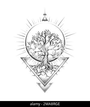 Tatouage de l'arbre de vie et de la géométrie sacrée ésotérique isolé sur fond blanc. Illustration vectorielle. Illustration de Vecteur