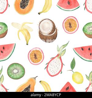 Aquarelle fruits tropicaux sans couture, fruit dragon d'été, kowi, banane, pastèque, noix de coco, Motif de répétition papaye, impression textile citron, Kit Banque D'Images