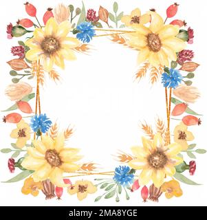 Cadre de tournesol dessiné à la main, fleurs de prairie, illustration de couronne de fleurs sauvages d'aquarelle, bouquet de fleurs, couronne de fleurs jaunes, herbes, mariage Banque D'Images