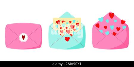Jeu de lettres de dessin animé coloré. Enveloppe avec message d'amour. Illustration de Vecteur