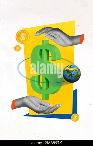 Collage photo composite de mains tenant le symbole dollar argent planète Terre encerclant autour du marché mondial isolé sur fond blanc Banque D'Images