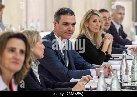 Barcelone, Espagne. 19th janvier 2023. Pedro Sanchez lors d'une réunion au sommet franco-espagnol à Barcelone sur 19 janvier 2023. Photo par Eliot Blondt /ABACAPRESS.COM crédit: Abaca Press/Alay Live News Banque D'Images