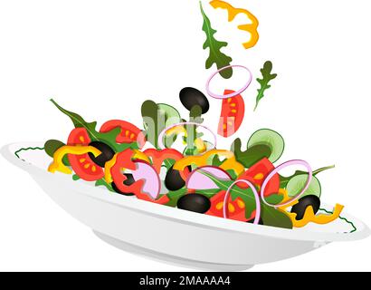 Assiette à salade végétarienne avec oignon, radis, concombre, olive, tomate,arugula sur fond transparent Illustration de Vecteur