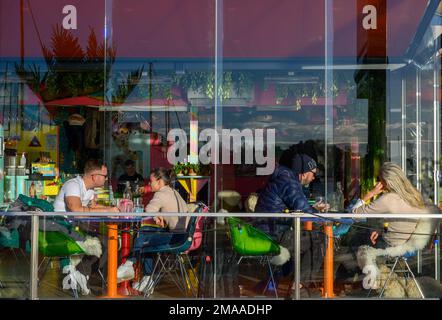 Les jeunes couples assis aux tables du bar-restaurant Kongen Marina Beach sont vus à travers une façade de verre avec des reflets par une journée ensoleillée. Oslo, Norvège. Banque D'Images