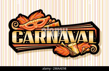 Bannière vectorielle pour Carnaval, balise horizontale sombre avec illustration de masque orange carnaval, instruments de musique, confetti décoratifs, brosse unique Illustration de Vecteur
