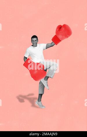 Image de collage vertical de mains gamma noir blanc excitées gants de boxe énormes isolés sur un arrière-plan créatif Banque D'Images