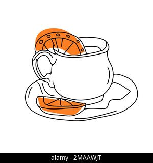 Tasse en céramique d'icône de vin chaud. Doodle de vin chaud avec des tranches d'orange ou de citron et des clous de girofle. Traditionnel Noël fête hiver boisson chaude. Style de contour simple tracé à la main. Illustration vectorielle. Illustration de Vecteur