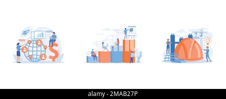 Équipe des vendeurs travaillant à distance avec des clients du monde entier et affiche dollar, intérieur de bureau, ingénieurs du bâtiment utilisant des matériaux intelligents, mettre en place Illustration de Vecteur