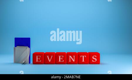 Cubes rouges avec le mot événement sur un fond bleu illustration 3D, gestion d'entreprise et d'organisation et concept d'événement Banque D'Images