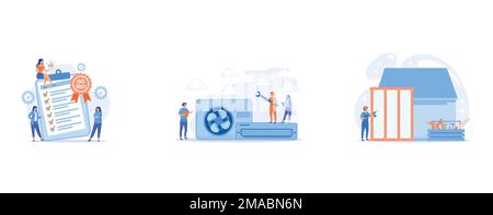 Homme d'affaires et femme près d'une grande horloge avec des flèches rondes travaillant 24 7, service d'électricien, chantier de construction de bâtiment, définir un vecteur plat moderne illustrae Illustration de Vecteur