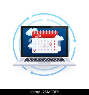 Rappel dans le calendrier sur l'écran de l'ordinateur portable. Voyage en avion. Illustration du stock vectoriel. Illustration de Vecteur