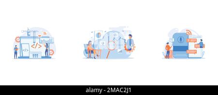 Ingénieur et développeur avec code d'ordinateur portable et de tablette, graphique de développement, applications de surveillance, achats client en ligne, commande de produits et de Illustration de Vecteur