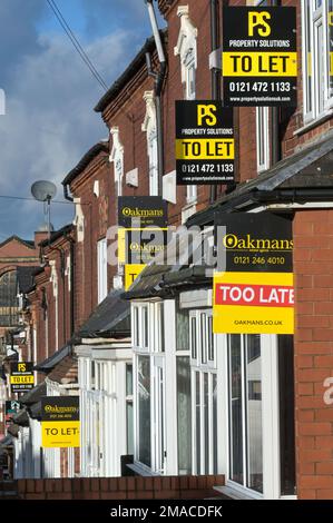 Selly Oak, Birmingham, 19 janvier 2023 - Une rangée de propriétés mitoyennes à louer à Selly Oak, Birmingham. Les prix des logements ont chuté à un rythme plus rapide que prévu, mais le nombre de ménages louant des logements privés au Royaume-Uni a plus que doublé au cours des deux dernières décennies, selon le recensement de 2021, pour atteindre 5 millions. Les loyers moyens au Royaume-Uni ont augmenté de 10,8 % par an en décembre 2022. Comme les prix de l'énergie continuent de rester élevés, les coûts de location d'une propriété le font aussi. Crédit : arrêtez Press Media/Alamy Live News Banque D'Images