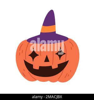 Jack-O-Lanterne. Citrouille d'Halloween avec chapeau de sorcières. Halloween citrouille effrayante portant un chapeau de sorcière. Illustration vectorielle plate isolée sur fond blanc Illustration de Vecteur