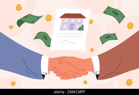 Contrat d'achat de biens immobiliers. Les gens se secouent la main après une vente de propriété. Illustration vectorielle de style plat Illustration de Vecteur