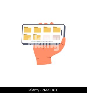 Tenir le téléphone à la main et trier les documents dans des dossiers. Illustration vectorielle plate isolée sur fond noir Illustration de Vecteur