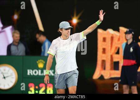 Melbourne, Australie. 19th janvier 2023. Alex de Minaur d'Australie bat Adrian Mannarino de, France., . Au John Cain Arena, Melbourne, Australie, le 19 janvier 2023. Photo de Peter Dovgan. Utilisation éditoriale uniquement, licence requise pour une utilisation commerciale. Aucune utilisation dans les Paris, les jeux ou les publications d'un seul club/ligue/joueur. Crédit : UK Sports pics Ltd/Alay Live News Banque D'Images