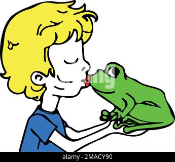 Illustration vectorielle d'un garçon embrassant une grenouille isolée sur un fond blanc. Illustration de Vecteur