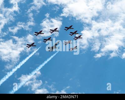 Avions de chasse Snowbird avec un avion de chasse CF : un groupe de jets de chasse aérobie snowbird accompagnent un avion de chasse beaucoup plus grand dans le ciel au-dessus d'Ottawa pour les célébrations de la fête du Canada. Banque D'Images