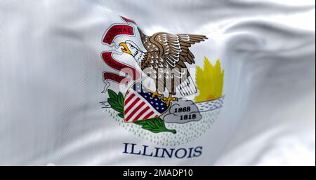 Vue rapprochée du drapeau de l'État de l'Illinois qui agite dans le vent. Le drapeau de l'Illinois est blanc avec le sceau d'état, l'Illinois écrit en dessous. Tissu ondulé. Texturé Banque D'Images