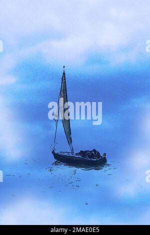 Illustration artistique du voilier dans l'eau, avec le ciel bleu et les nuages au-dessus, se reflétant dans la mer au-dessous, pour créer un paysage de rêve, voyage romantique Banque D'Images