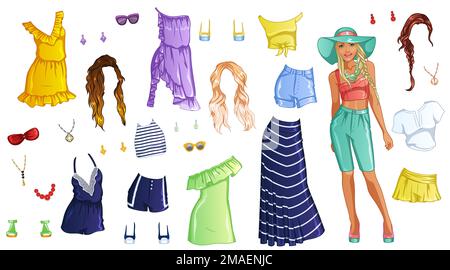 Caribbean Cruise Paper Doll avec belle dame, tenues, coiffures et accessoires. Illustration vectorielle Illustration de Vecteur