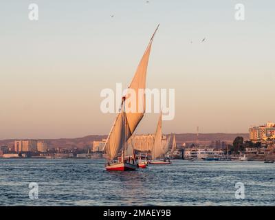 Bateau felucca naviguant sur le Nil pendant le coucher du soleil à Assouan, en Égypte. Banque D'Images