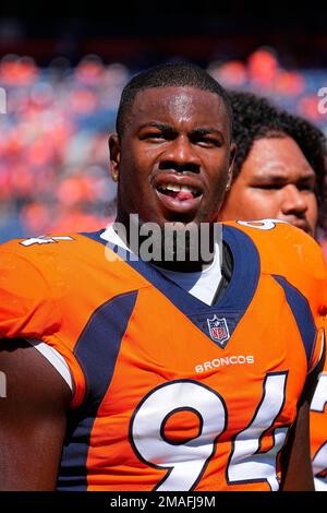 Denver Broncos linebacker Aaron Patrick (94) against the Los Angeles  Chargers in an NFL football game, Monday, Oct. 17, 2022, in Inglewood,  Calif. Chargers won 19-16. (AP Photo/Jeff Lewis Stock Photo - Alamy