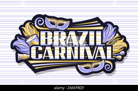 Bannière vectorielle pour le carnaval du Brésil, affiche horizontale avec illustration du masque vénitien, instruments de musique, plumes de carnaval bleu et lettre unique Illustration de Vecteur