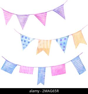 Guirlande festive de drapeaux colorés. Aquarelle illustration couleurs pastel pour les vacances des enfants. Joyeux anniversaire. Banque D'Images
