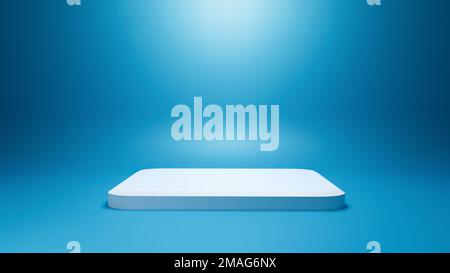 Socle vide blanc rectangulaire sur fond bleu minimal pour l'affichage des produits avec espace de copie. Rendu de la séance d'exposition. Arrière-plan de bannière pour un Banque D'Images