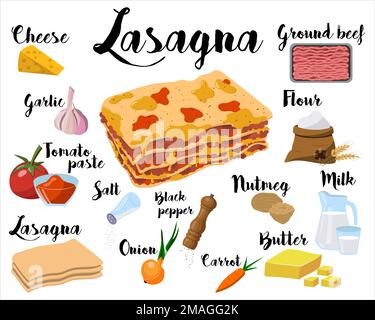 une affiche de cuisine avec une recette de lasagnes. Illustration vectorielle sur fond blanc Illustration de Vecteur