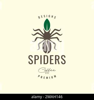 tarantula araignée avec des feuilles de grains de café nature vintage hipster logo design vector icône modèle d'illustration Illustration de Vecteur