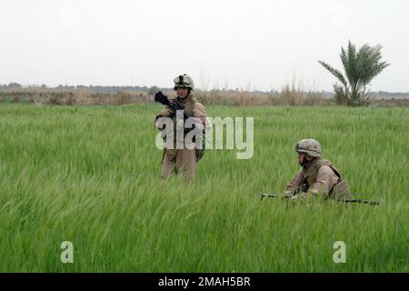 070324-M-6412C-035. [Complete] Légende de la scène : U.S. Les Marines avec 3rd peloton, Compagnie C, 2nd Bataillon des ingénieurs de combat utilisent un détecteur de métal pour rechercher les caches d'armes utilisées par les forces anti-iraquiennes dans la région de Zaidon pendant l'opération Zaidon II sur 23 mars 2007. La Force opérationnelle 2nd Bataillon, 7th Marines mène l'opération Zaidon II à Zaidon, en Irak, pour débarrasser la ville des forces anti-iraquiennes et leur refuser de continuer à utiliser la zone à l'avenir. L'équipe de combat régimentaire 6 est déployée avec les Forces nationales multi-Ouest pour appuyer l'opération liberté iraquienne dans la province d'Anbar en Iraq afin de développer la sécurité iraquienne Banque D'Images