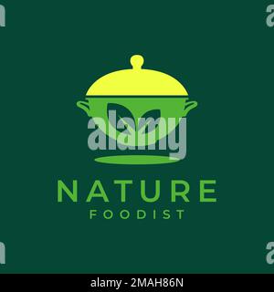 chaudron cuisine outils cuisine wok nature nourriture feuilles légumes logo design vecteur icône modèle d'illustration Illustration de Vecteur