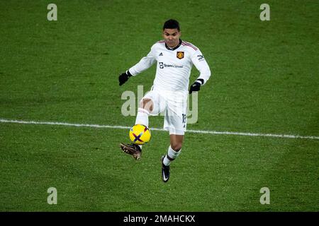 LONDRES, ANGLETERRE - JANVIER 18 : Casemiro de Manchester United ballon de contrôle pendant le match de la Premier League entre Crystal Palace et Manchester United Banque D'Images
