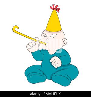 bébé garçon est assis célébrant anniversaire soufflant trompette heureusement Illustration de Vecteur