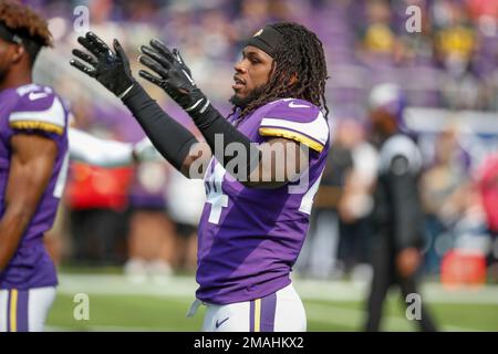 Minnesota Vikings safety Josh Metellus (44) looks on before the start of an  NFL football game against the Atlanta Falcons, Sunday, Oct. 18, 2020, in  Minneapolis. (AP Photo/David Berding Stock Photo - Alamy