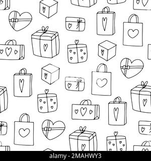 Jolis cadeaux à motif sans coutures. Ce sac est dessiné à la main sur fond blanc. Décrivez les forfaits surprise avec cœur. Vacances, Saint Valentin, naissance Illustration de Vecteur