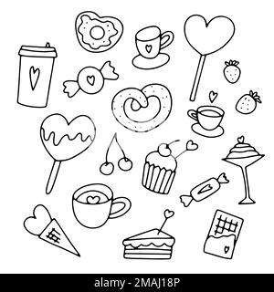 Douceurs Doodle Saint-Valentin, ensemble de café. Desserts dessinés à la main avec des coeurs mignons. Décrivez les bonbons, gâteaux, boissons, baies, glaces, donut, chocol Illustration de Vecteur