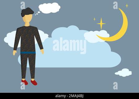 Un homme en vêtements sombres contre le fond du ciel et un mois, une illustration ordinaire plate Illustration de Vecteur