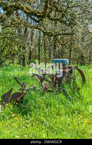 Vieux rouillé détérioration de l'équipement de ferme motorisé (Harrow) au Dorris Ranch près de Springfield, Oregon. Banque D'Images